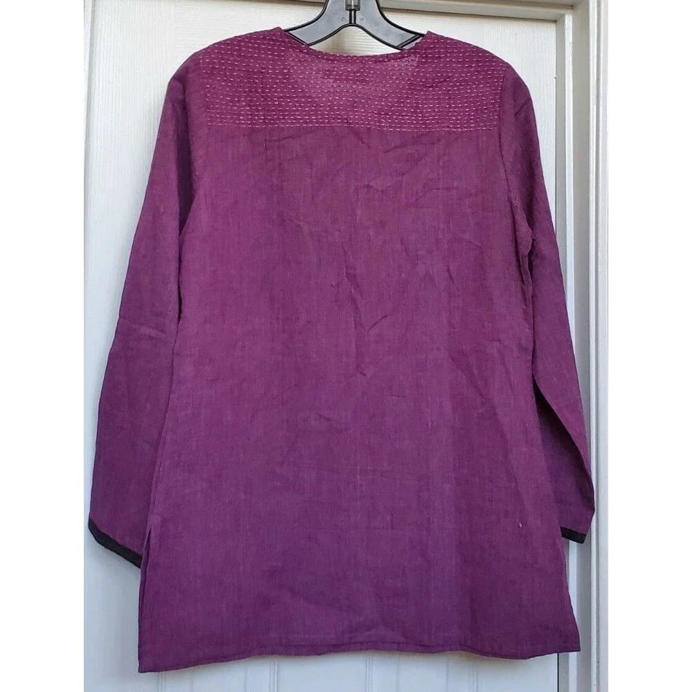 New Fabindia Purple eggplant woven Print Cotton Gota trim Tunic Top shirt sz M